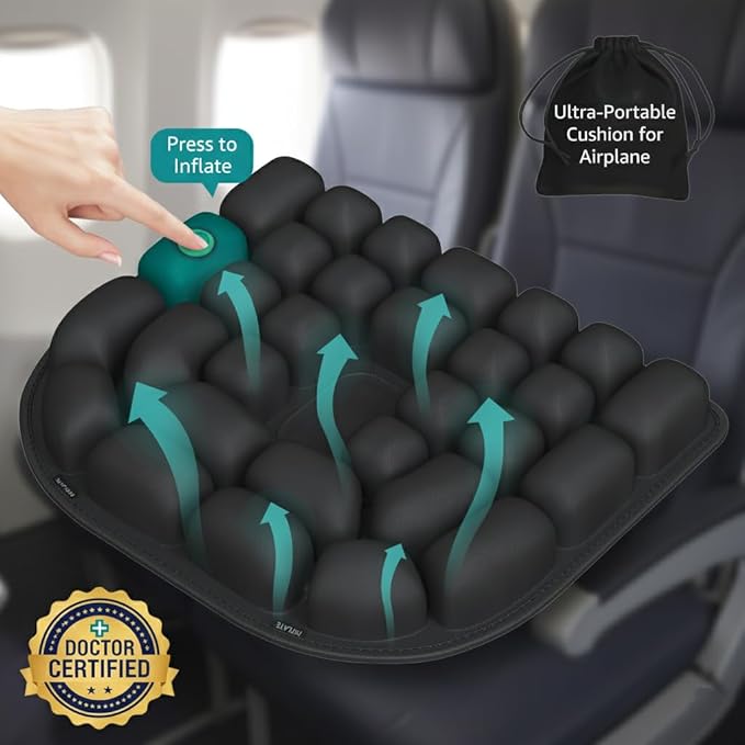Inflatable Travel Seat Cushion for Airplane - Portable Air Cushion for Long Flights, Tailbone Pain Relief - Ergonomic Support for, Office Chair, Car, Wheelchair, Stadium