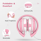 SIMOLIO Wired Headphones for Kids with Mic & Share Port, 75dB/85dB/94dB Volume Limit Children Headphone with Portable Bag for School/Travel, Stereo Sound, Tangle-Free Cord (Pink&White)