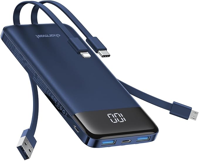 charmast 10000mAh Portable Charger with Built in Cables, 22.5W Travel Essential Power Bank Fast Charging, USB C Battery Pack for iPhone 17/16/15/14/13/12/11 Series, iPad, Samsung, Android, Tablet