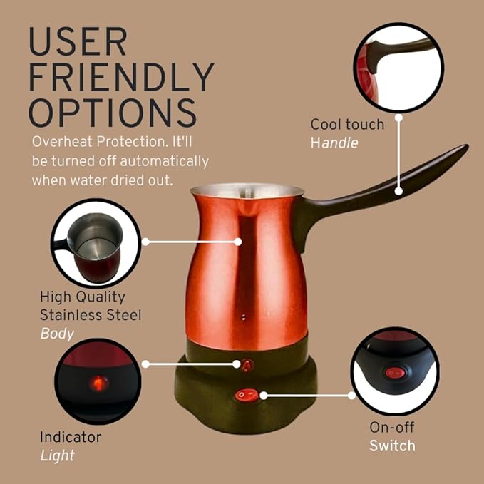 Electric Turkish Coffee Maker Kettle Pot Stainless Steel Cool Touch Handle Travel Size, Fast Boil & Keeps Water Boiling for Arabic & Greek Coffee, Tea 0.3L (RED)