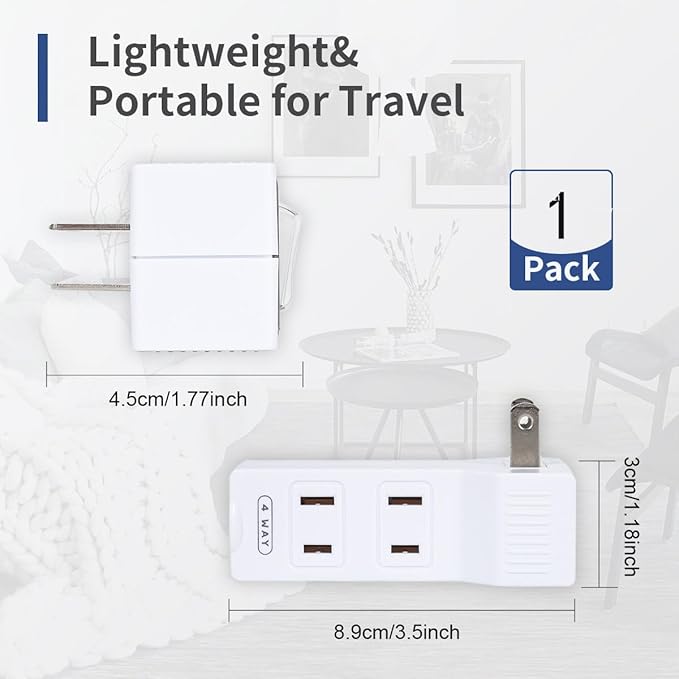 SYCON 4 Outlet Wall Adapter with A Power Switch and Night Light, 2-Prong Extender Adapter Plug with 4 Electrical Outlets for Travel Home Hotel Office-White 1 Pack