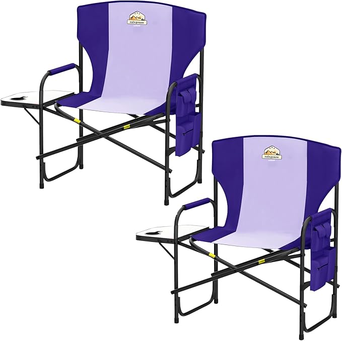 Colegence Oversized Directors Camping Chair Set of 2 Support 600 LBS, Heavy Duty Folding Outdoor Chairs with Side Pocket and Adjustable Side Table for Outside Beach,Lawn,Fishing, Deep Purple