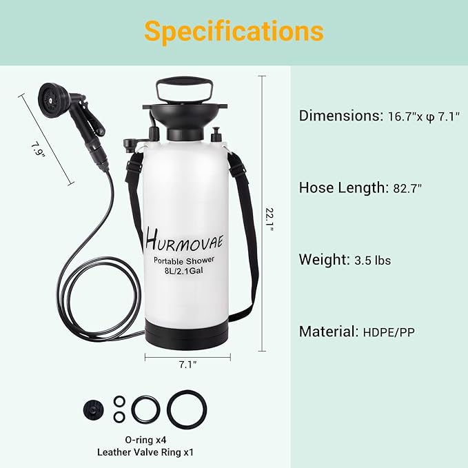 2.1 Gallon (8L) Portable Shower, 10 Spray Modes Pressurized Beach Shower with Nylon Insulated Sleeve, Camping Shower for Travel & Sand Rinse, Surf Shower, Portable Water Sprayer, White
