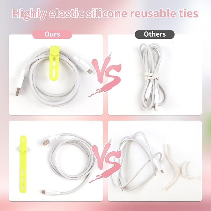 Oligei 50 Pcs Silicone Cable Ties, Cable Ties Reusable, High Elasticity Cord Wraps for Electrical Cords, Cord Organizer for Earphone, Phone Charger(Colorful)