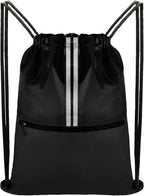 Drawstring Backpack Sports Gym Bag, Draw String Back Bag for Men Women, Lightweight Sackpack with Zipper Pocket, Durable Large Two Tone Black