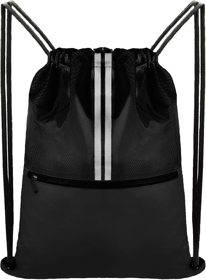 Drawstring Backpack Sports Gym Bag, Draw String Back Bag for Men Women, Lightweight Sackpack with Zipper Pocket, Durable Large Two Tone Black
