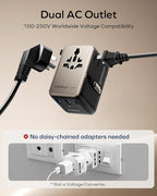 MOMAX 70W Universal Travel Adapter, 6-in-1 International Power Adapter with USB-C Retractable Cable, Dual-AC Plug Adapter PD Fast Charging Worldwide Wall Charger for US/UK/EU and Over 200 Countries