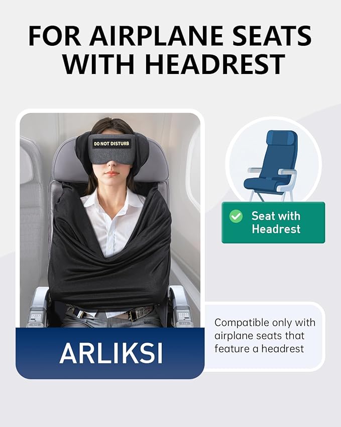 Travel Pillow and Blanket Set, Compact Airplane Pillow Bag with Eye Mask for Long Flights Sleeping, 360° Support Head Strap Travel Essentials for Plane Car Sleep Neck Upright, Stop Head Drop(Grey)
