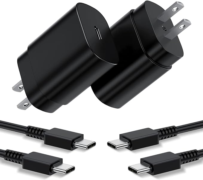 Type C Charger, 2Pack 25W PD USBC Wall Charger Super Fast Charging Block& 3ft Android Phone Cable Cord for Samsung Galaxy S25 S24 S23 S22 S21 S20 (Plus Ultra)/Note 20 10 9 8/ S10 S9 S8 Black