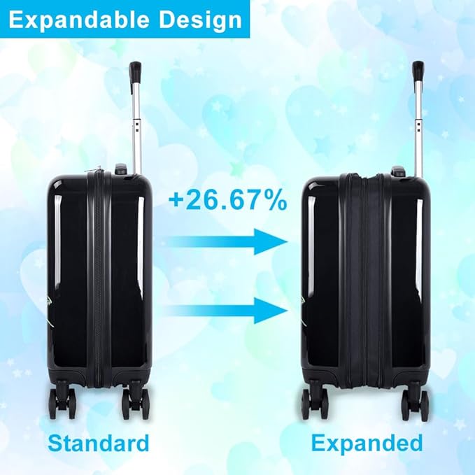 5Pcs Kids Luggage Set, 16" Boys Travel Suitcase with Spinner Wheels, Dinosaur Hardside Carry on Toddler Rolling Suitcase Airline Approved（Black）