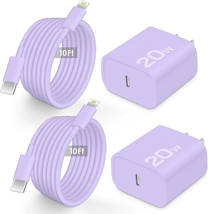 AISNI Fast Charger Block for iPhone 14 13 12 with 10 Foot Fast Charging Cable,MFi-Certified, 20W PD USB C i-Phone Charger 10 ft Compatible with iP14 Plus/14/13/12/11 Pro Max/XSMax (2-Pack Purple)