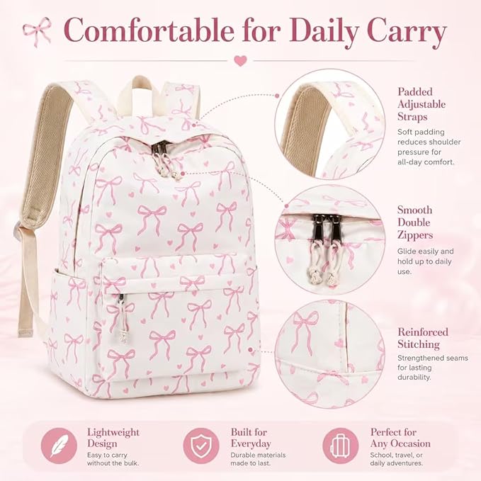 LOIDOU Backpack for Girls School Backpacks Bookbags for Elementary Middle School Women Laptop Backpacks (Bow tie Beige, L-17)