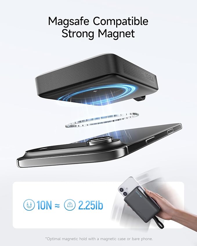 CUKTECH Magnetic Power Bank, 10000mAh Portable Charger, 20W Fast Charging & 7.5W Wireless, Built-in USB-C Cable, Battery Pack for iPhone 15/16/17 Series, Samsung, for Travel, Work & Daily Use