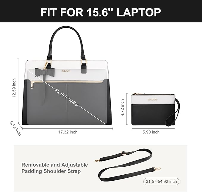 MOSISO Laptop Tote Bag for Women, 15.6 inch Waterproof PU Leather Work Bag with Clutch Purse & Bowknot, Large Capacity Handbag Shoulder Computer Bags Work Briefcase for Business Teacher Office, Black