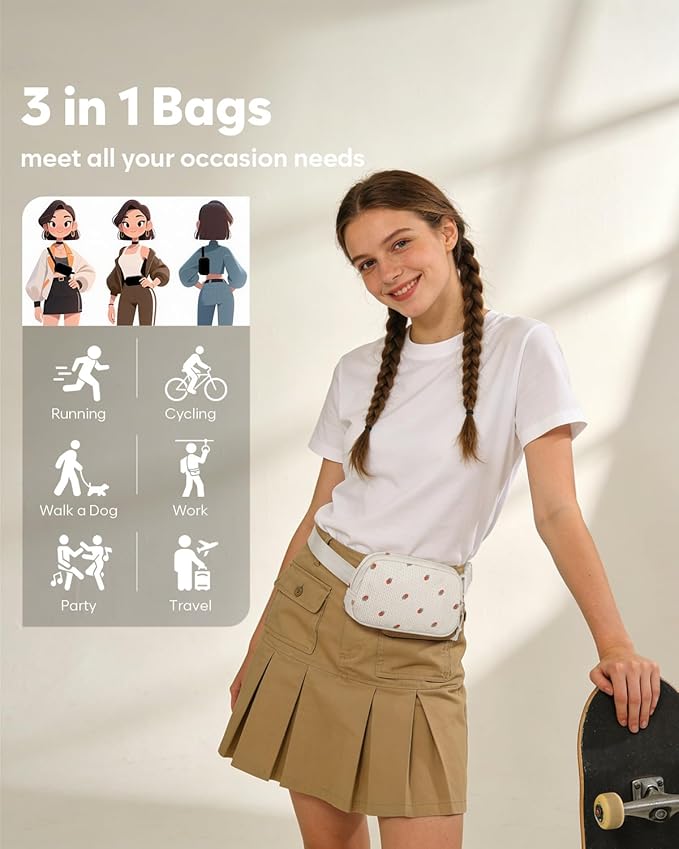 Pritent Fanny Packs for Women Cross Body Bag Waterproof Belt Bag with Adjustable Strap and Zipper Back Pocket Small Crossbody Bags Fashion Waist Packs for Workout Travelling(Strawberry Beige)
