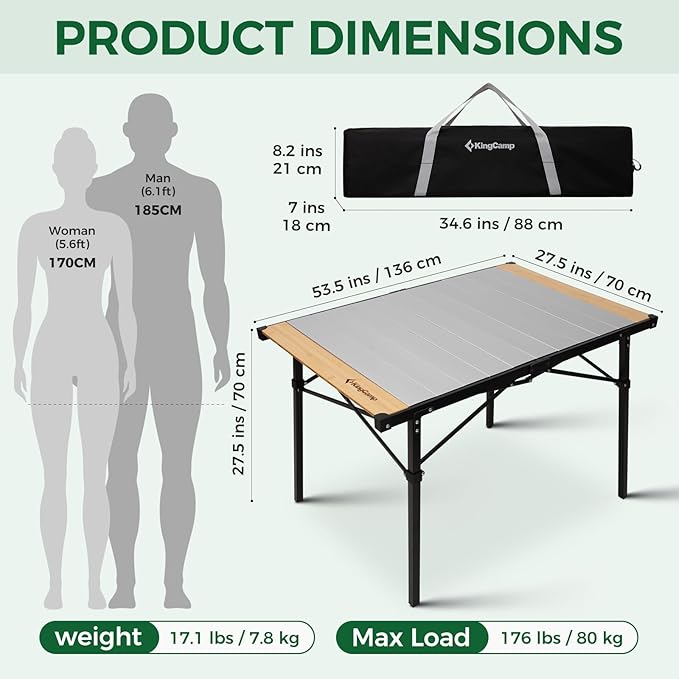 KingCamp Camping Table Folding Portable Table Aluminum Roll Up Lightweight Foldable Large Camp Table for Indoor Outdoor Picnic Backyard, 53.5"X27.5"