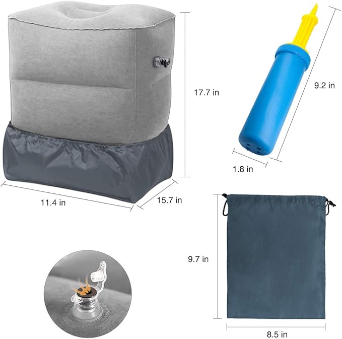 Travel Foot Rest Pillow, Portable Inflatable with Double Hand Pump Adjustable Three Layers Height Pillow for Foot Rest on Airplanes,Cars,Buses,Trains,Office Kids to Sleep on Long Flights (Gray)