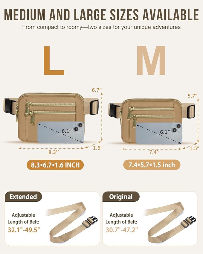 Capolo Fanny Packs for Women Fashion Waist Packs Bag with Adjustable Strap and 4 Zipper Pockets Waterproof Everywhere Crossbody Belt Bag for Workout Running Travelling(Khaki, Large)