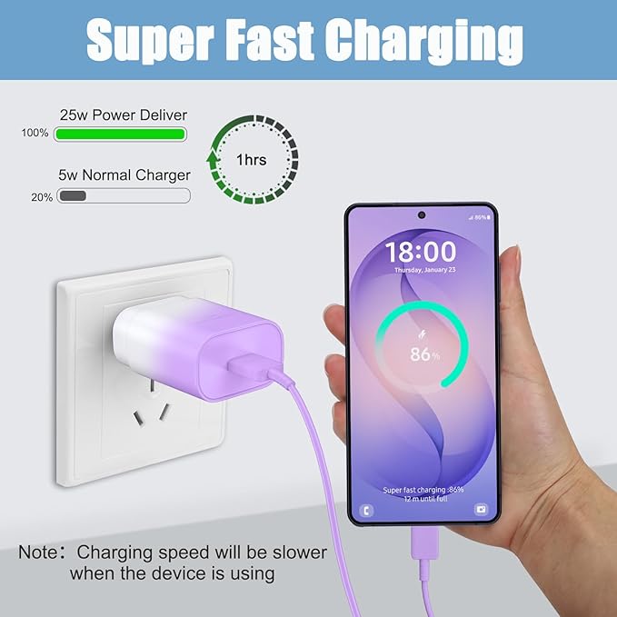 25W Super Fast Charging Cord Type C Block &10Ft USB C Android Phone Charger Cable for Samsung Galaxy S26 Ultra/S26/S26+/S25 Ultra/S25/24 Ultra/S24/S23 Ultra/S22 Ultra//Note 20/10,Purple Gradient