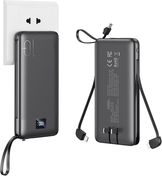 Portable Charger with Built-in Cables 10000mAh Power Bank with Cords, Slim Fast Charging Battery Pack, Portable Phone Charger for iPhone 16/15/14/13 Series, Samsung, Pixel, Travel Camping Essential