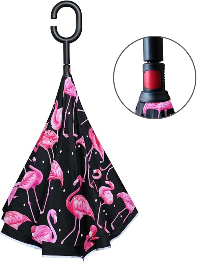 Nander Windproof, Reverse Umbrella, Umbrellas for Women with UV Protection, Upside Down Umbrella with C-Shaped Handle- Pink Cartoon Flamingo