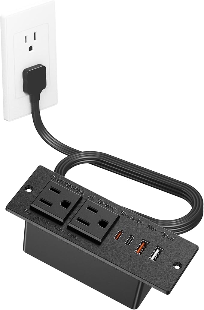 Recessed Power Strip with 30W USB C,Ultra Thin Flat Plug Power Strip,2 Outlets 4 USB Ports,Furniture Flush Mount Desk Outlet,Recessed Outlet for Side Table/Sofa Table,6ft Cord (Black)