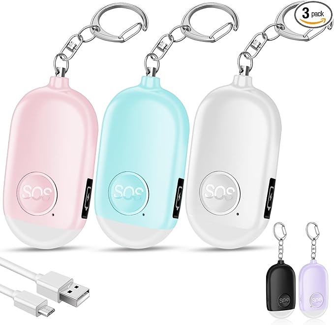 Hion Personal Safety Alarm for Women, 3 Pack Rechargeable 130dB Self Defense Alarm Keychain with LED Flashlight, Emergency Safe Sound Security for Children Elderly, White+Pink+Blue