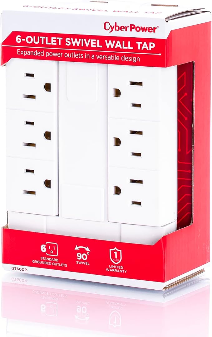 CyberPower GT600P 6 Outlet Swivel Grounded Wall Tap, White (Pack of 2)