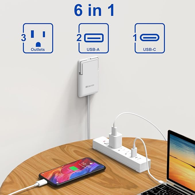 6ft Ultra Flat Plug Extension Cord Power Strip with Outlet Concealer - HITRENDS 3 AC Outlets & 3 USB Ports, 1650W Slim Desk & Wall Extender for Tight Spaces, Hide Messy Cords, White