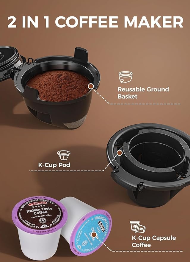 COWSAR Single Serve Coffee Maker, 2 in 1 Coffee Capsule & Ground Coffee Brewer, 40 Oz Removable Water Tank, 5 Brew Sizes 6-14 Oz, Self-cleaning Fast Heating Coffee Machine for Home Office