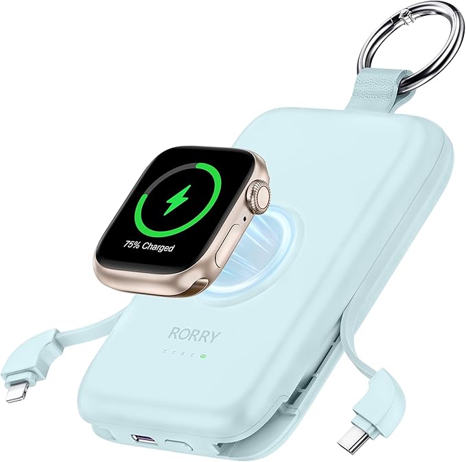 RORRY CharmGo Portable Charger, 10000mAh 20W Fast Charging Portable Charger Power Bank with Built in Cables, Travel Battery Pack for iPhone 17/16/15/14/13/12 and Apple Watch, Sky Blue