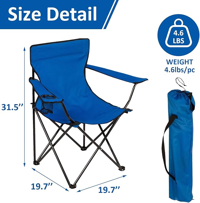 Folding Camping Chair with Cup Holder, 225lbs Capacity, Portable Foldable Chair with Large Anti-Sink Feet, PE Coated Fabric for Outdoor, Beach, Fishing, Backpacking, Blue 2PCS