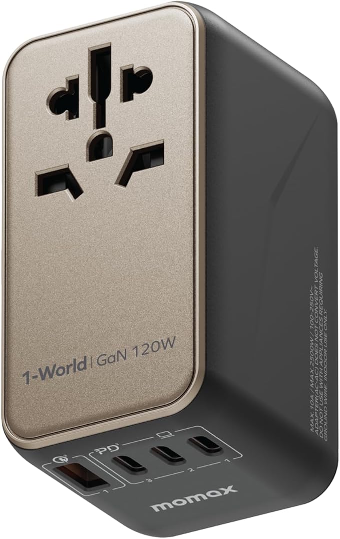 MOMAX Universal Travel Adapter, 120W GaN International Power Adapter, 2 USB-C 2 USB-A, Worldwide Travel Plug Adapter, International Power Adapter for Most Europe, USA, Japan, Australia (Type C/A/G/I)
