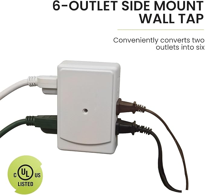 Go Green Power Inc. 6-Outlet Side Mount Wall Tap Adapter, White - Unique Space-Saving Design, Heavy Duty, Versatile - Perfect for Tight Spaces and Home Use - GG-16000TSM