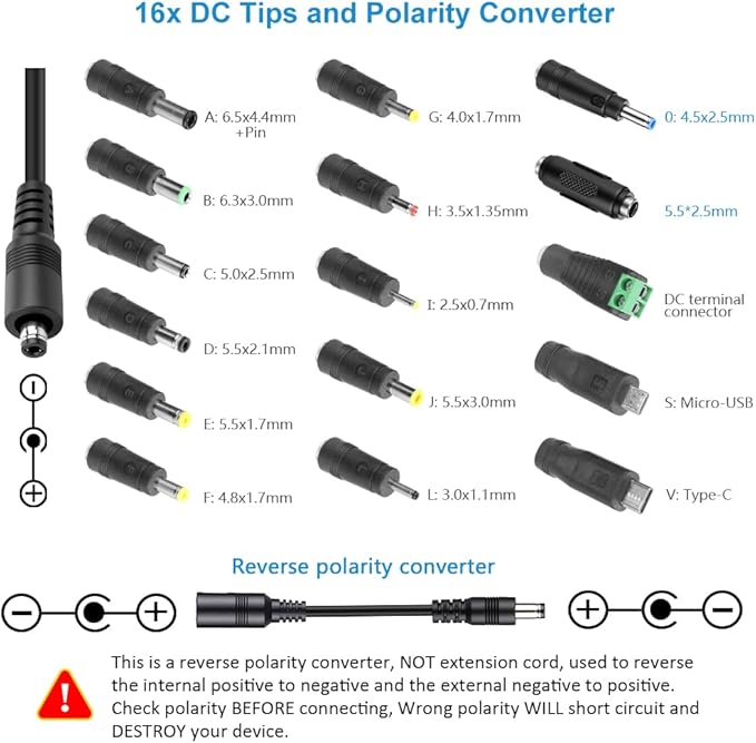 SHNITPWR Variable Universal Power Supply Adjustable DC 4V-24V 144W 6A AC/DC Adapter 100-240V AC to DC Converter with 16 Tips,Alligator Clips,DC Pigtail Power Cable, for LED Strip,CCTV,Camera,Radio