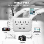 USB Wall Charger Socket Extender - Featuring 2 USB Charging Ports, 3 Outlet Plugs, Socket Adapter, Compact Travel Plug Extension, White