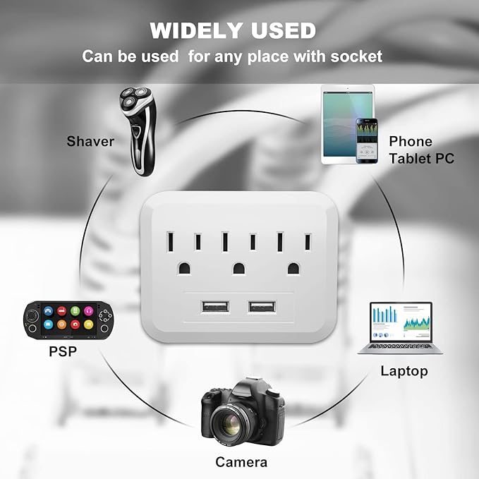 USB Wall Charger Socket Extender - Featuring 2 USB Charging Ports, 3 Outlet Plugs, Socket Adapter, Compact Travel Plug Extension, White