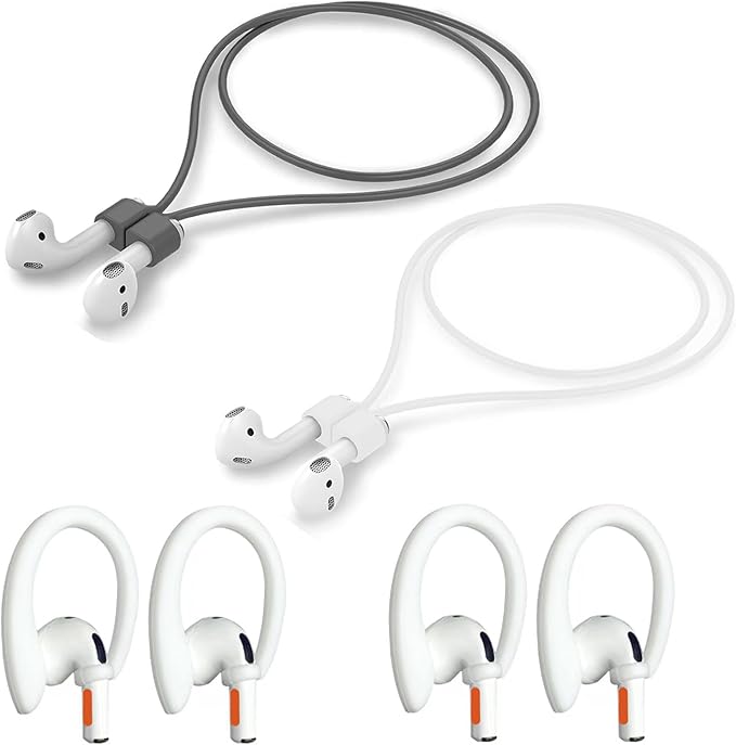 Magnetic Anti-Lost Straps Compatible with AirPods 1st to 4th Generation and AirPods Pro 1st to 4th Generation, with 2 Additional Pairs of Ear Hooks (White Grey)