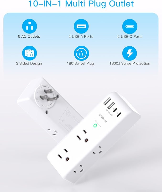 PD 20W Surge Protector Outlet Extender, Rotating Plug, One Beat 6 AC Multi Plug Outlet with 4 USB Ports (2 USB C), 1800J, 3-Sided Swivel Power Adapter with Spaced Outlet Splitter for Home Office Dorm