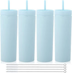 Volhoply 20oz Plastic Skinny Tumblers Bulk 4 Pack, Tumbler with Lid and Straw,Reusable Travel Iced Coffee Mug,BPA Free Acrylic Water Cups With Straw for Party,DIY Gifts(Blue, 4 Set)