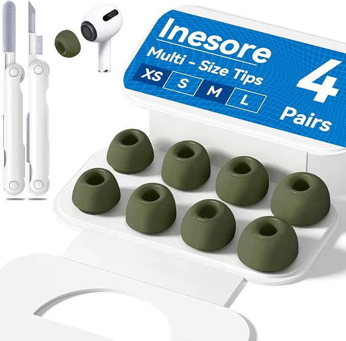 4 Pairs Replacement Ear Tips for AirPods Pro 2nd/1st Generation with Portable Storage Box & Cleaner Pen,Noise Reduction Holewith & Built-in dust Guard Screen,Silicone EarTips(Dark Green)