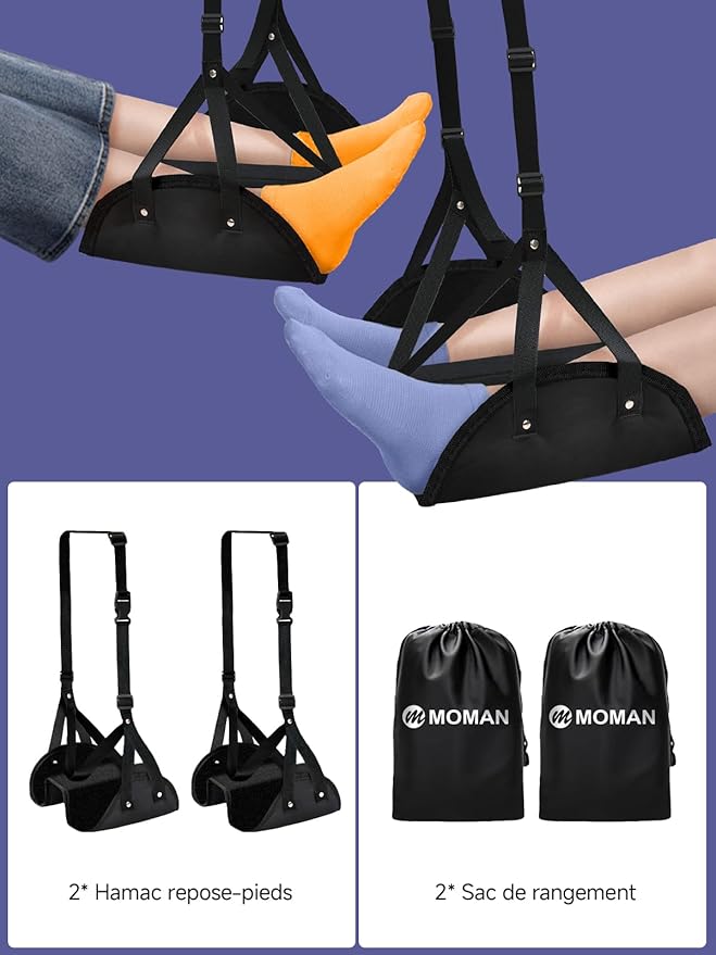 Airplane Foot Hammock Moman Portable Foot Rest for Air Travel Essentials 2 Pack with Upgrade Comfort Leg Hammock Pad Cotton for Long Flight Car Drive Office Under Desk Pie-Resto-Hamaca-Avión-Viaje