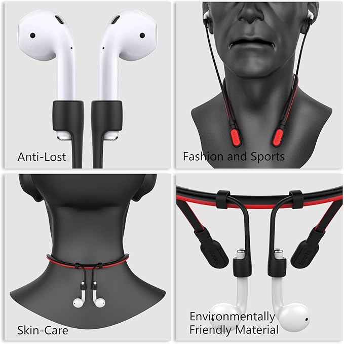 Compatible Airpods Strap, Silicone Anti-Lost Strap Wire Cable Connector Sports Neckband Compatible for Airpods Pro 3/2/1, Airpods 4, 3, 2, 1, Black with Red