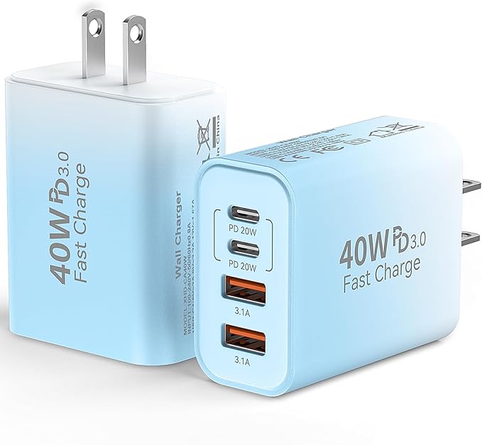 Duloch USB C Wall Fast Charger Block, 40W 4-Port Type C Chargers Fast Charging Blocks for Phone 17/16/15/14/13/12 Pro Max, Pad, Galaxy S24/23-2Pack Gradient Blue