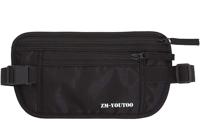 ZM-YOUTOO Money Belt for Travel - Hidden Travel Pouch Protect Your Credit and Money With RFID Blocking Passport Holder Waist Wallet (Black)