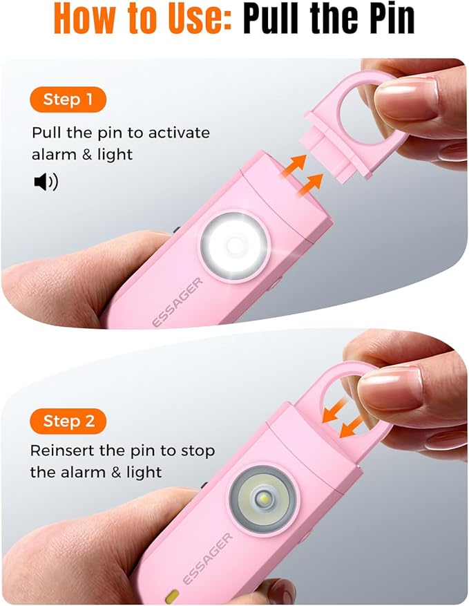 ESSAGER Personal Safety Alarm for Women, 130 dB Self Defense Siren, Rechargeable & Portable with Keychain and Carabiner, Low Battery Notice, LED Strobe Light for Kids, Seniors, College Students(Pink)