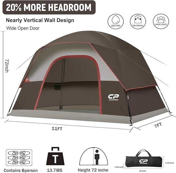 CAMPROS CP Camping Tent 2/4/6 Person, Waterproof Windproof Double Layer Dome Tent, Easy Setup with Large Mesh Windows & Wide Door for Outdoor Camping Backyard