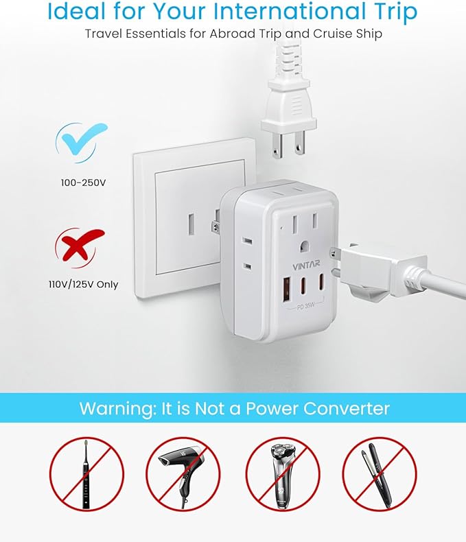 1 Pack US to Japan Plug Adapter, VINTAR PD 35W Foldable Japan Travel Essentials with 4 Outlets and 3 USB Ports(2 USB-C), 2 Prong to 3 Prong Outlet Adapter for USA to Japan Canada Philippine, Type A