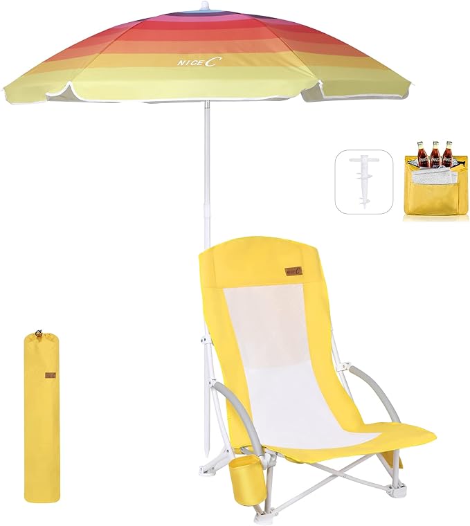 Nice C Beach Chair, Sand Chair, Lake Chairs for Adults with Umbrella and Cooler, Low Beach Chairs High Back, Cup Holder & Carry Bag & Heavy Duty Compact Outdoor, Camping (One Yellow)