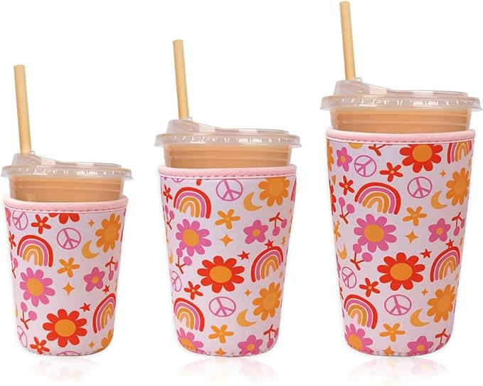 Reusable Insulated Neoprene Iced Coffee Cup Sleeve, Durable Drink Sleeve for Cold Beverages, Beverage Holder for Iced Coffee, Groovy Flower